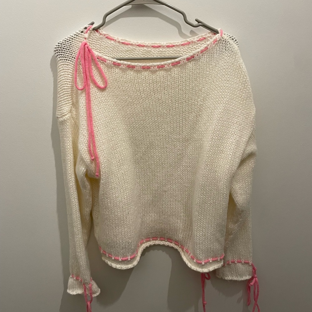 Women's Cream Knit Sweater with Pink Trim